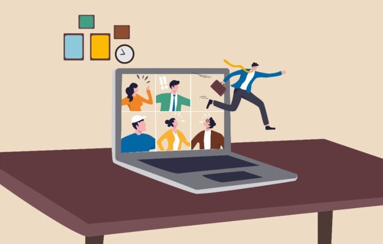 Illustration of businessman jumping from remote video call running back to work in the office.
