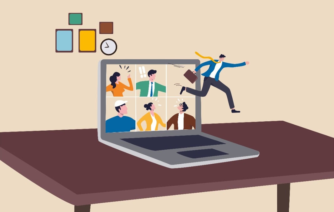 Illustration of businessman jumping from remote video call running back to work in the office.