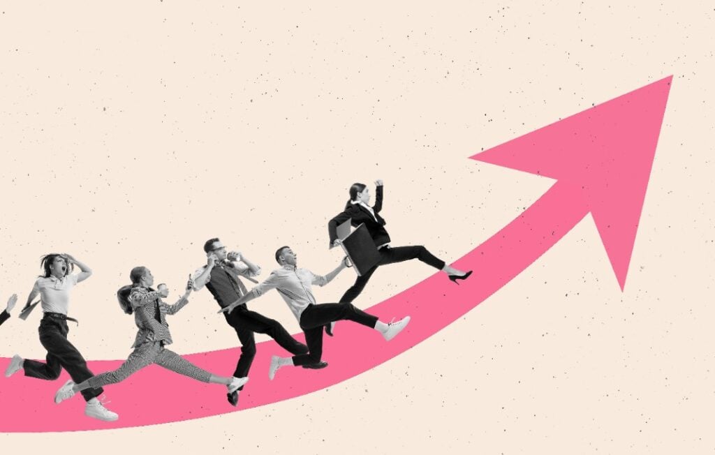 Contemporary art collage. Motivated and concentrated employees running upwards the arrow