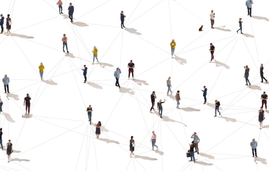 Aerial view of crowd people connected by lines