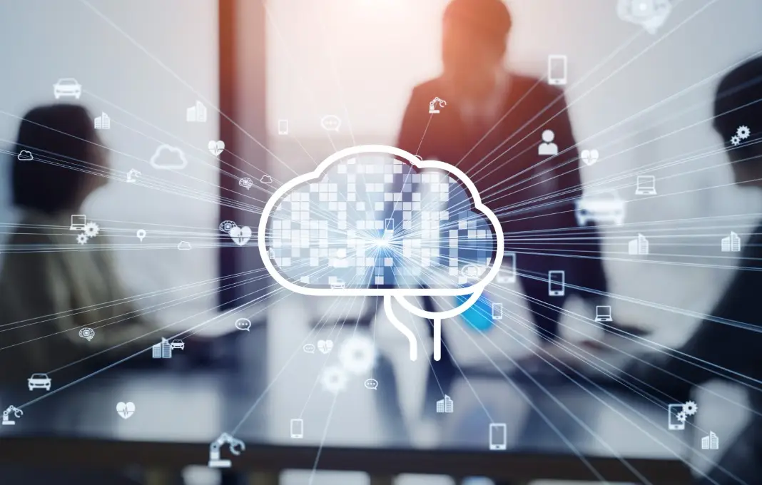 AI (Artificial Intelligence) concept with group of business people meeting in office