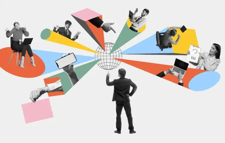 Contemporary collage of manager pointing at digital globe with remote workers performing tasks in different moods.