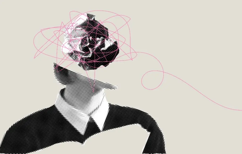 Downloaded Save to Library Preview Crop Find Similar File #: 1639492591 Person with tangled lines brain abstract pop art collage