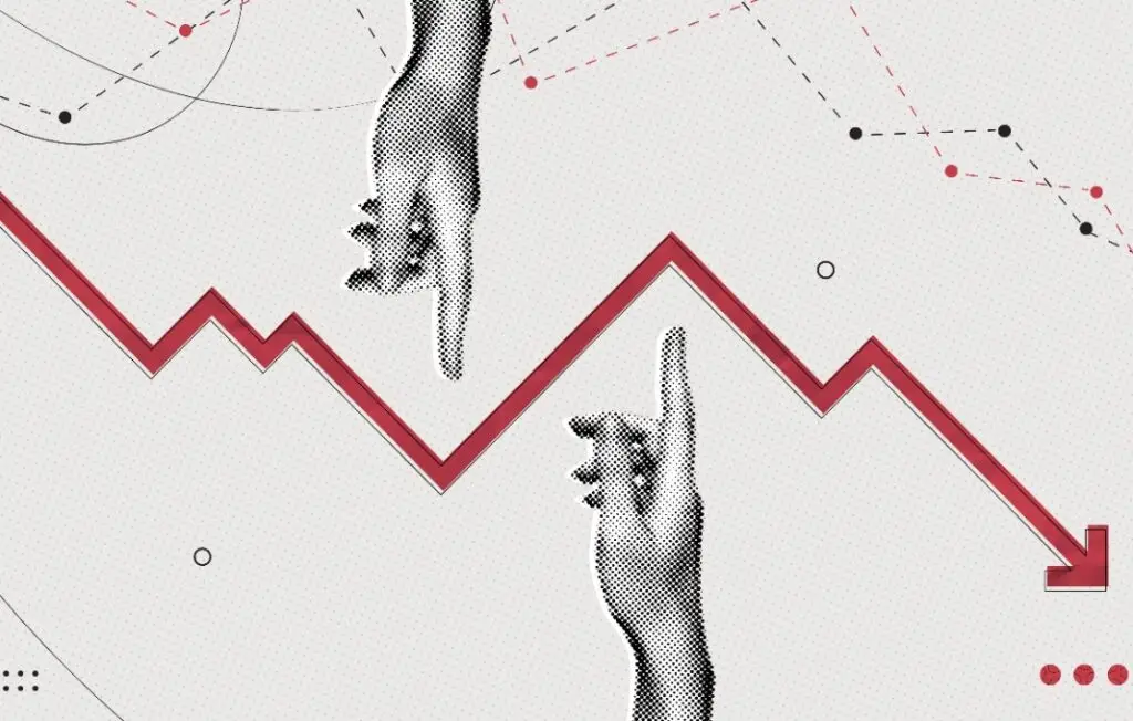 Halftone Collage Pointing hand and red arrow going down.