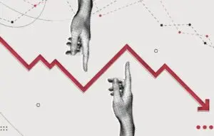 Halftone Collage Pointing hand and red arrow going down.