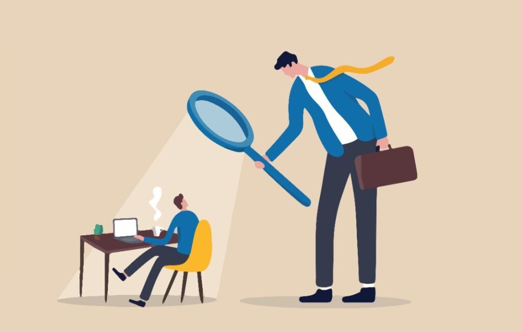boss using magnifying glass keep looking at employee