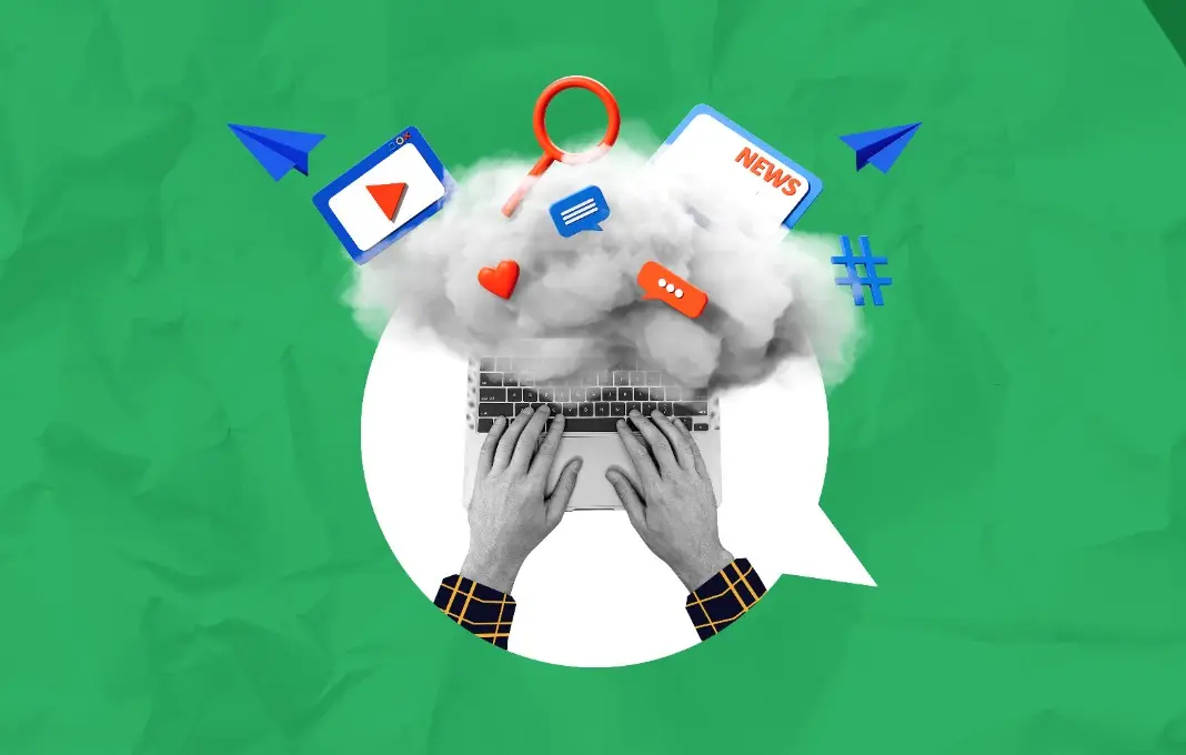 Hands typing on a laptop with a cloud of digital icons representing social media, news, and communication on a green textured background.