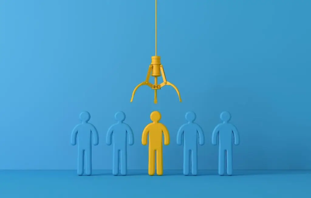 Employee recruitment concept with claw picking a new team member. 3D Rendering