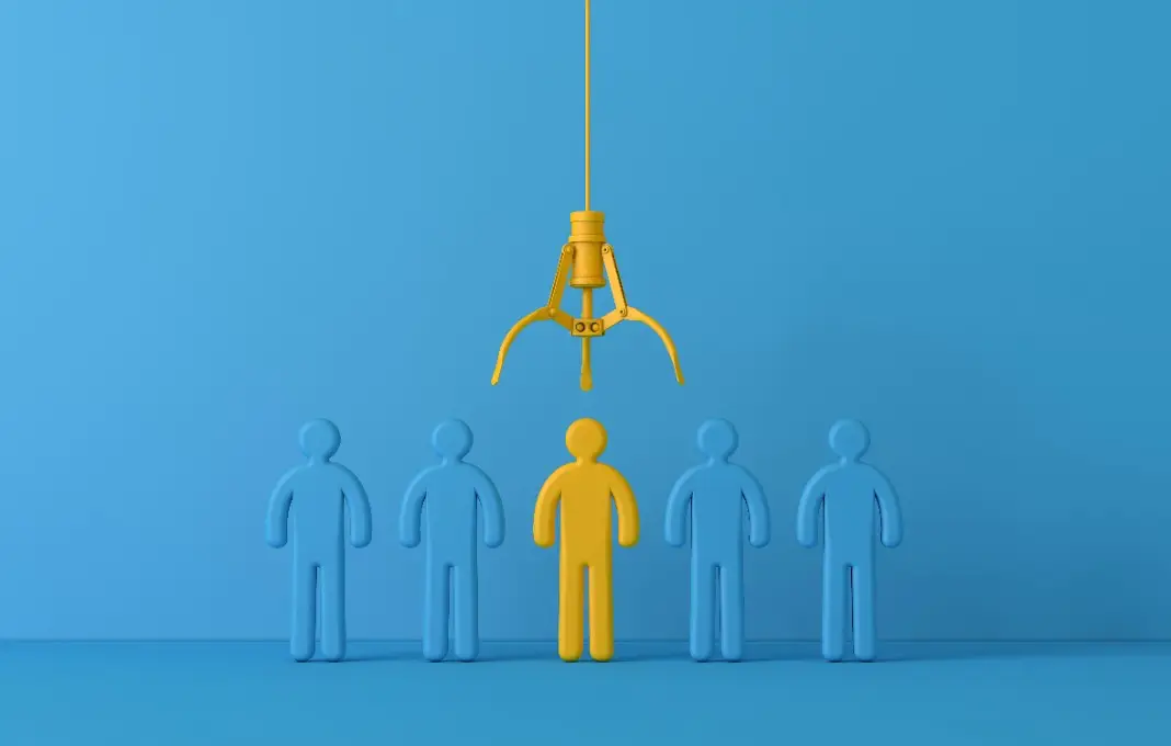 Employee recruitment concept with claw picking a new team member. 3D Rendering