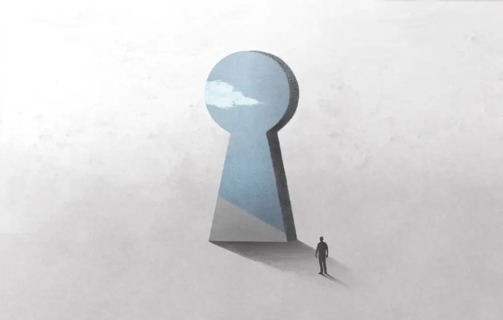 illustration of key hole shape door, optical illusion surreal concept