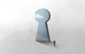 illustration of key hole shape door, optical illusion surreal concept