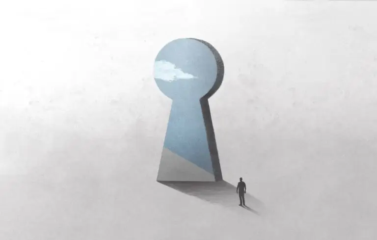 illustration of key hole shape door, optical illusion surreal concept