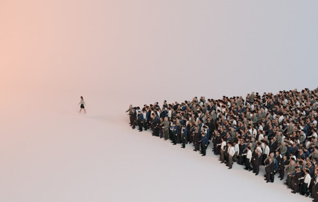File #: 142248956 single woman leading group of people 3d illustration