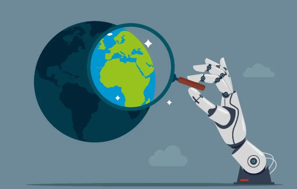Robotic hand cyborg holding a magnifying glass analyzing continent of Europe and Africa, planet earth.